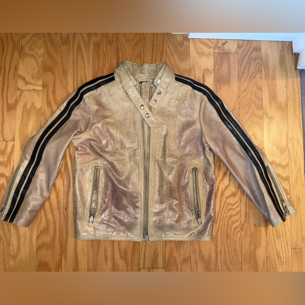 Smythe Women’s Tan Leather Jacket with Black Stripes